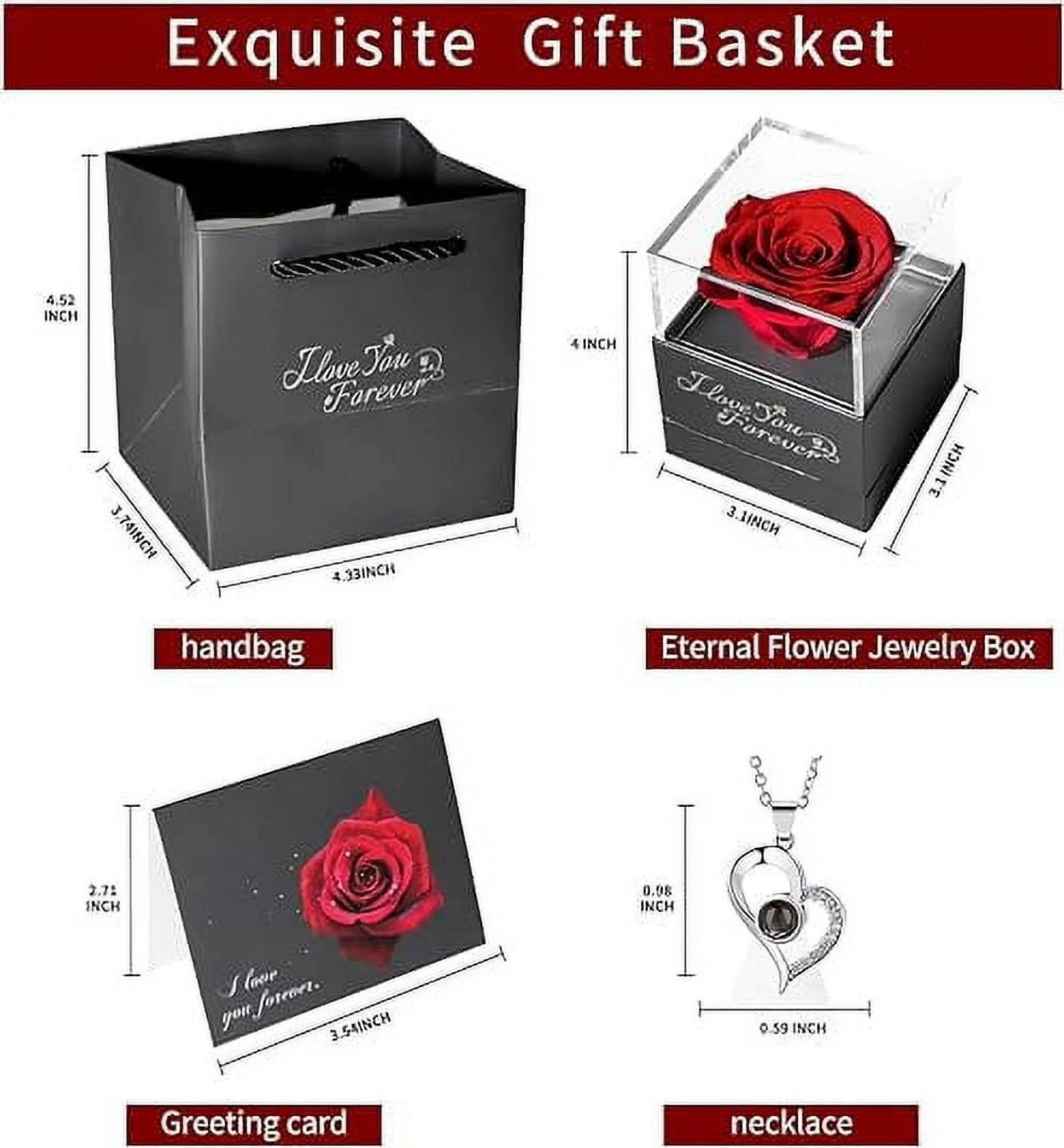 Eternal Rose Gift Bag with I Love You Necklace for Her, Red