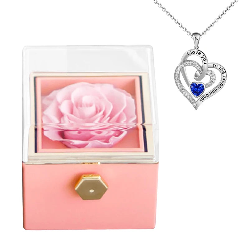 Gifts for Girlfriend Rotating Eternal Rose Gift Box Necklace Set Preserved Flower Jewelry Box for Valentine Christmas Birthday