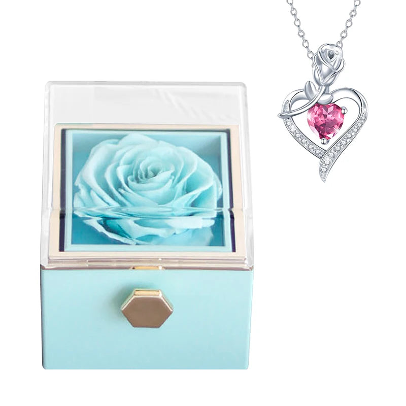 Gifts for Girlfriend Rotating Eternal Rose Gift Box Necklace Set Preserved Flower Jewelry Box for Valentine Christmas Birthday