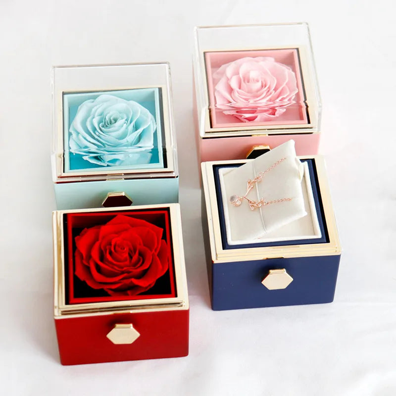 Gifts for Girlfriend Rotating Eternal Rose Gift Box Necklace Set Preserved Flower Jewelry Box for Valentine Christmas Birthday