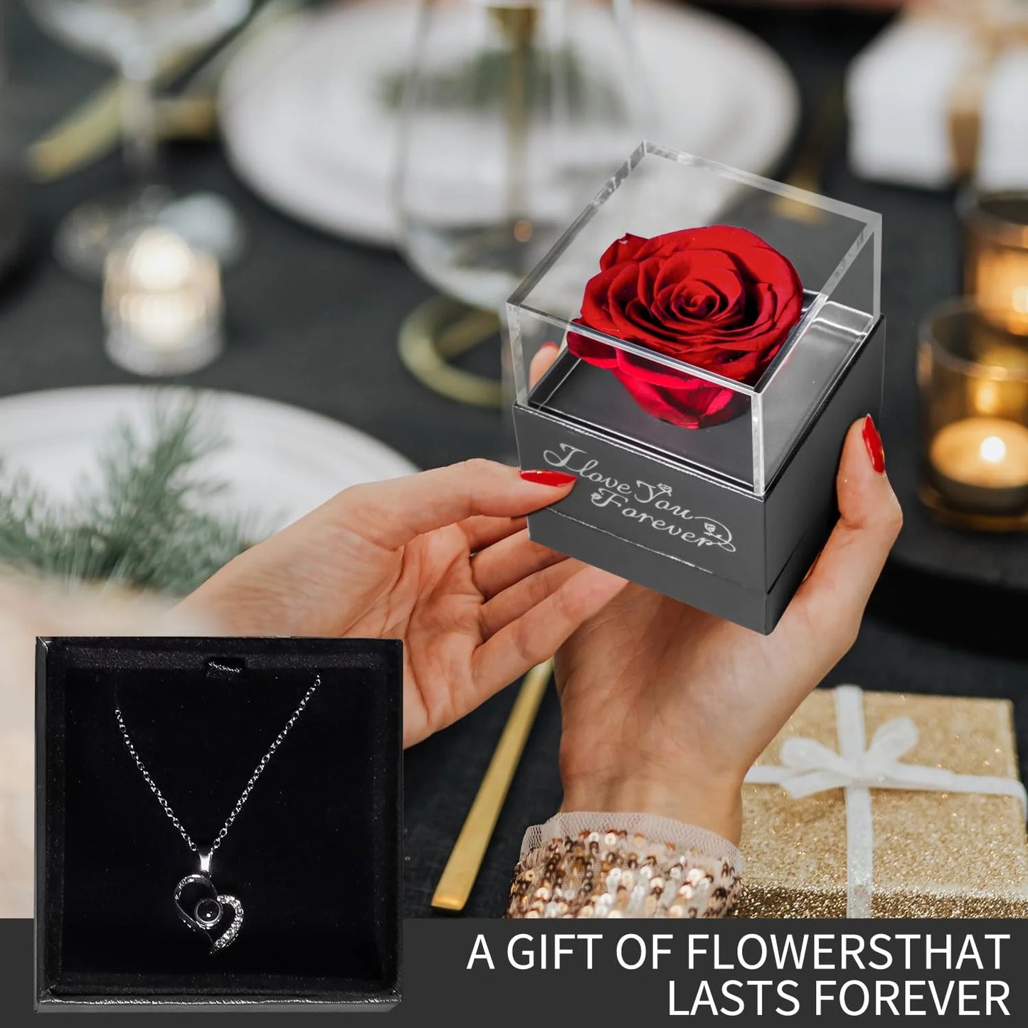 Eternal Rose Gift Bag with I Love You Necklace for Her, Red