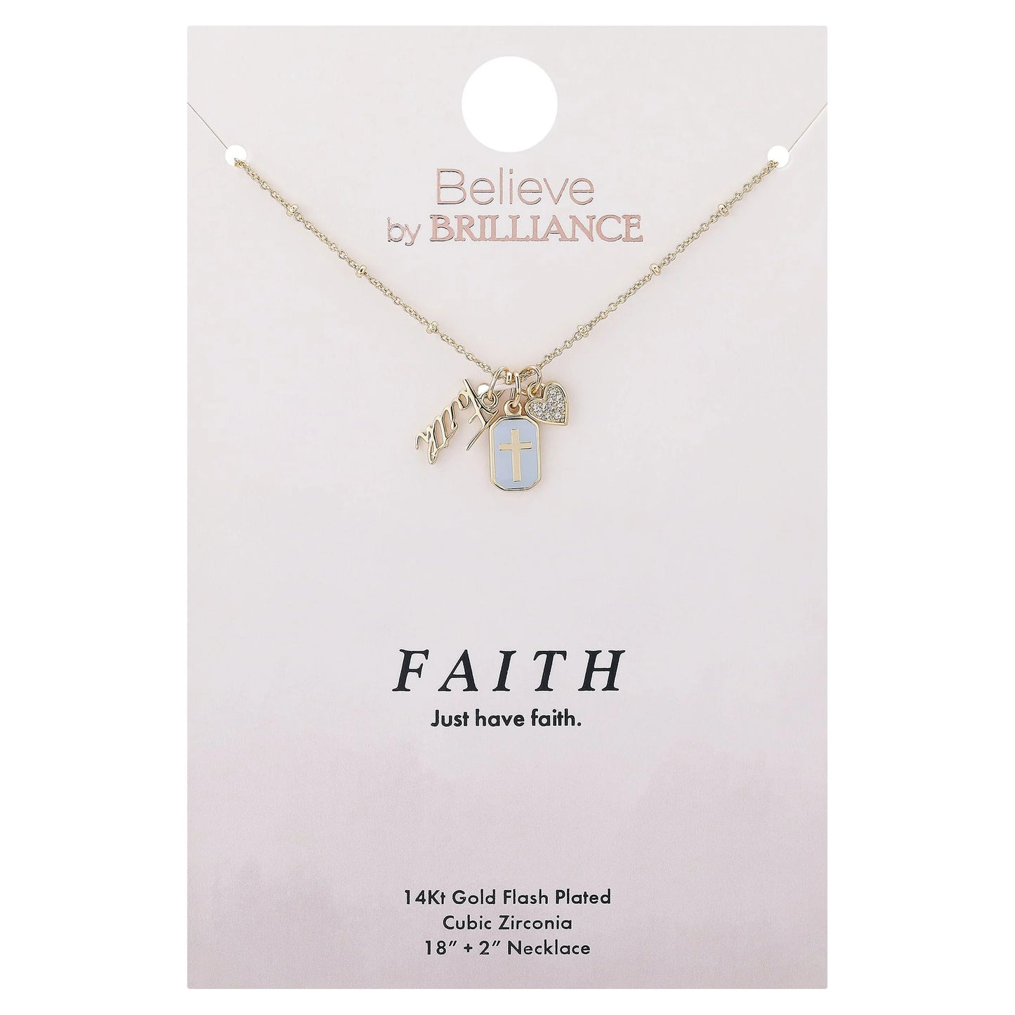 Women'S 14Kt Gold Flash Plated Cubic Zirconia "Faith" Charm Necklace, 18+2"